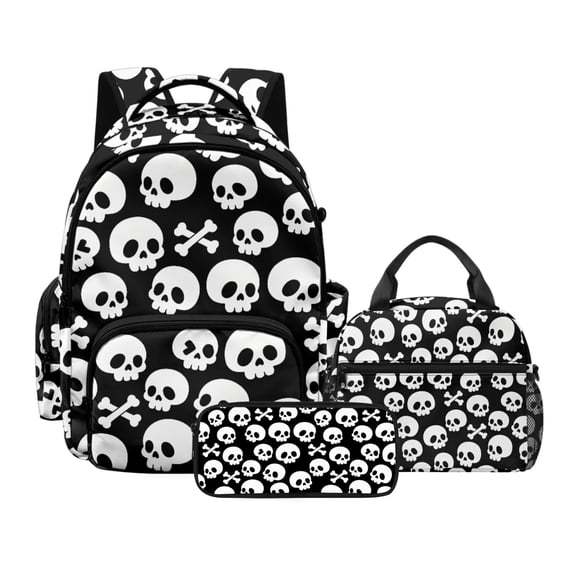Kuiaobaty Skull Bone Print Backpack Set with Lunch Bag for Kids 17 Inch Backpack and Pencil Case with Zipper Reusable Insulated Lunch Box and Pencil Pouch for School Camping