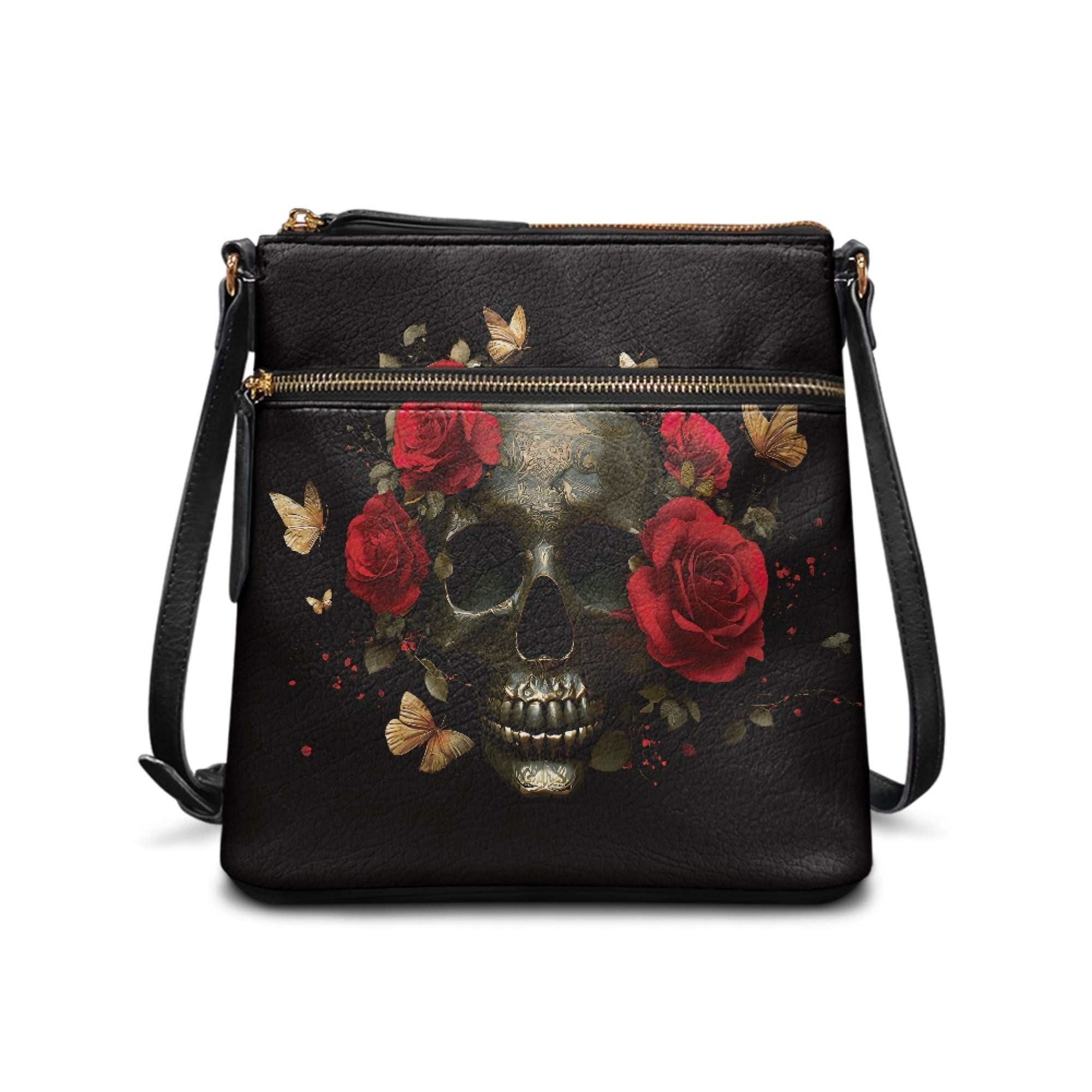 Kuiaobaty Skull Butterfly Rose Print Crossbody Bag for Women, Gothic Lightweight PU Leather Shoulder Purse with Adjustable Strap, Casual Zipped Pockets Hobo Handbag Crossbody for Travel