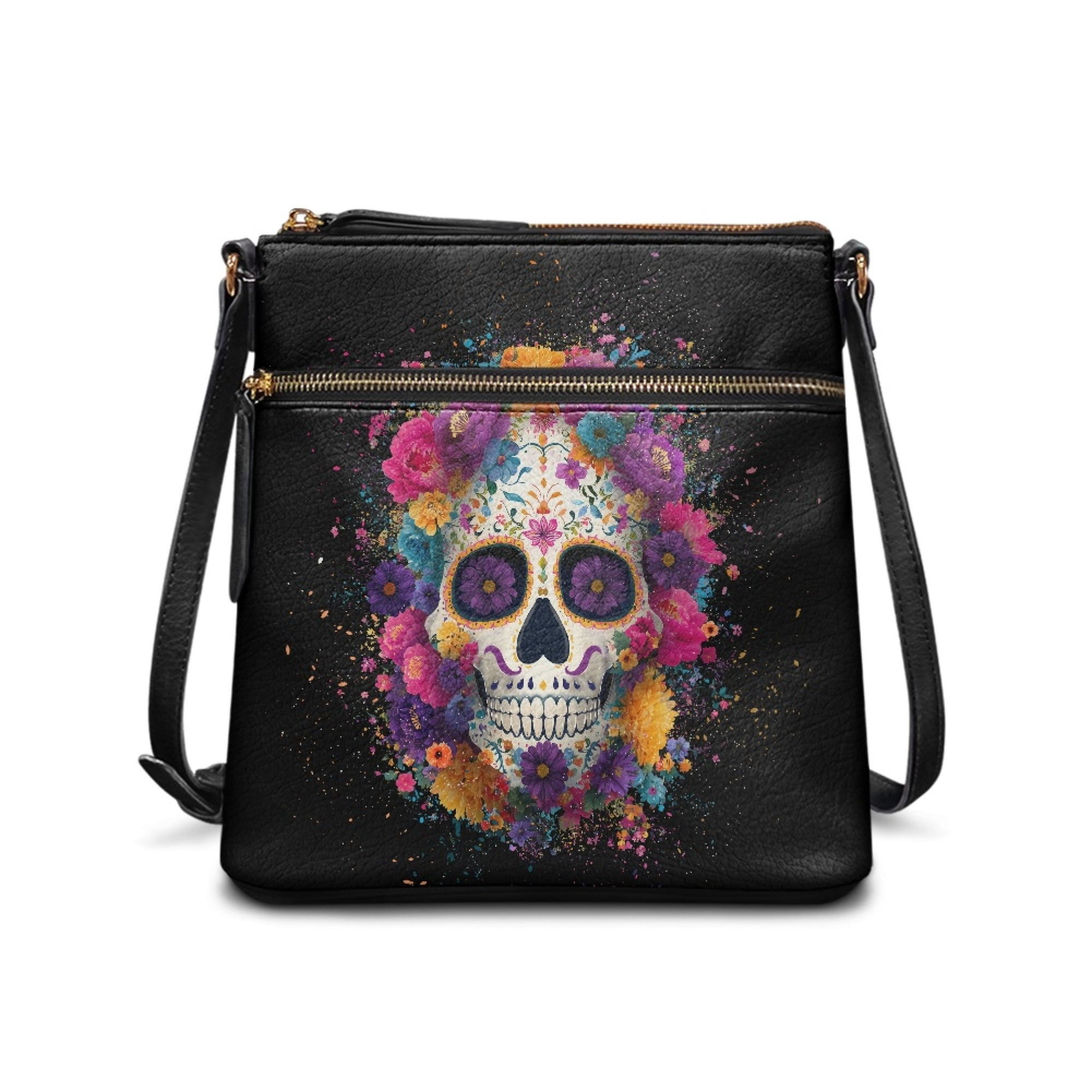 Kuiaobaty Skull Daisy Print Crossbody Bag for Women, Multi Pockets Vegan Leather Shoulder Handbag with Adjustable Strap, Medium Size Messenger Purse Crossbody for Travel & Party