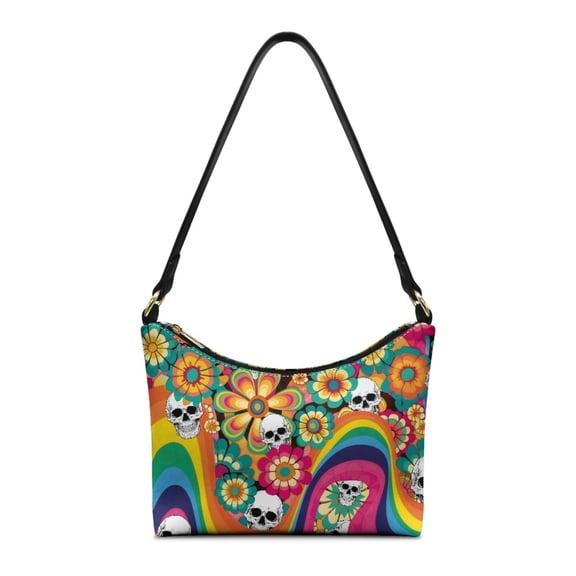 Kuiaobaty Skull Daisy Print Underarm Sling Bag for Women, Large Capacity Leather Shoulder Handbag with Zipper Closure, Retro Crescent Hobo Purse Tote Bag for Travel