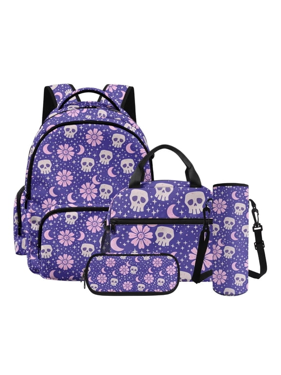 Skull Flower Print Backpack Set with Pencil Case for Teens Stars Moon Print Backpack and Lunch Bag Set with Multi Pockets Backpack and Water Bottle Bag for School