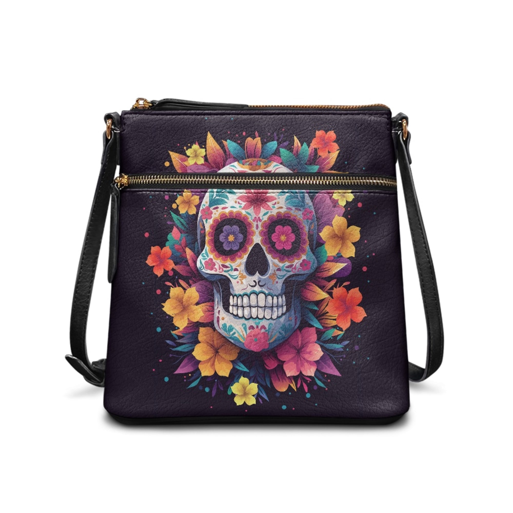 Kuiaobaty Skull Flower Print Crossbody Bag for Women. Zipped Pockets Portable Leather Satchel Purse with Adjustable Strap, Day of The Dead Hobo Handbag Crossbody for Travel & Shopping