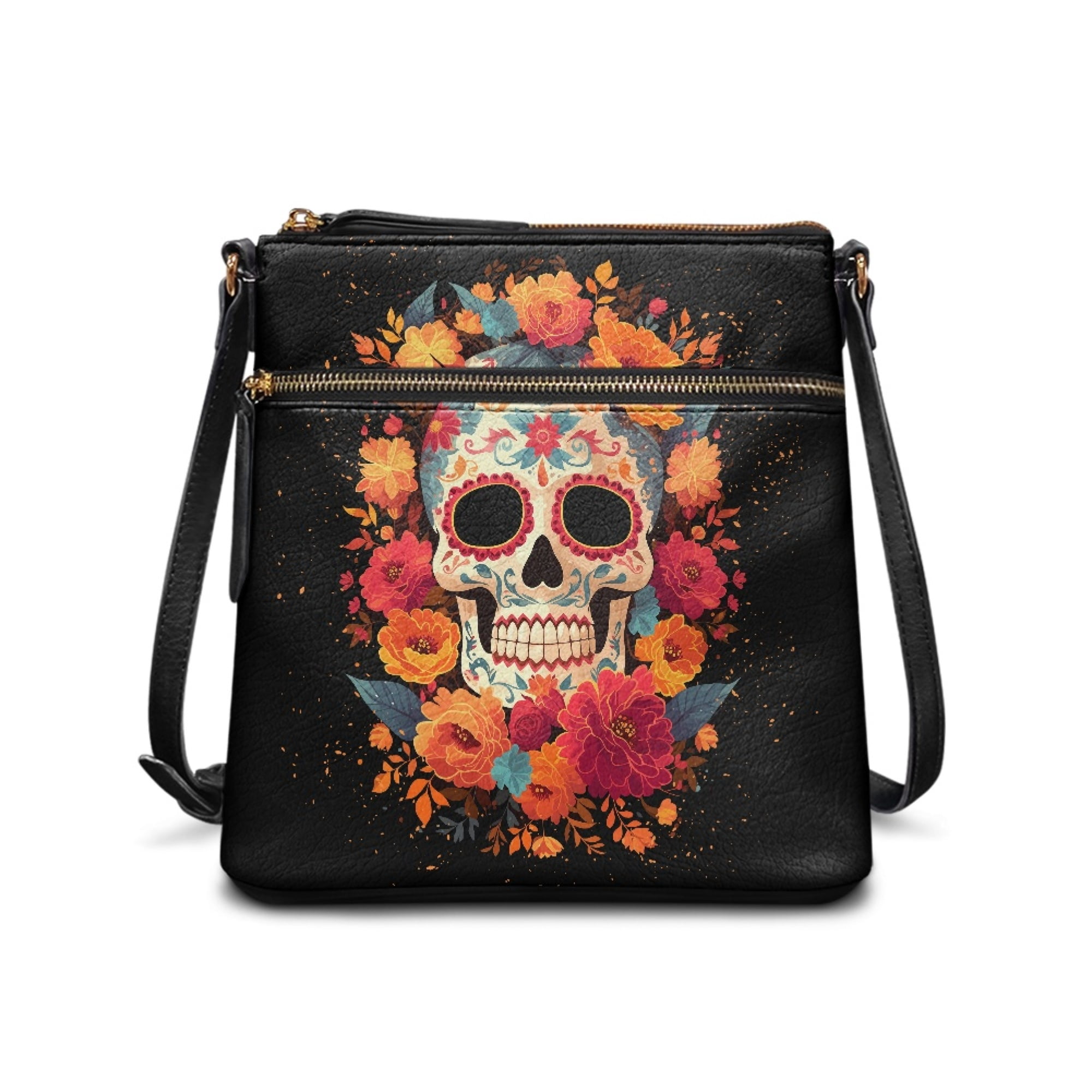 Kuiaobaty Skull Lotus Print Crossbody Bag for Women, Day of The Dead Vegan Leather Shoulder Handbag Crossbody, Lightweight Travel Sling Purse with Adjustable Strap for Halloween