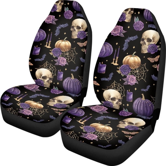 Kuiaobaty Skull Pumpkin Bat Rose Front Car Seat Cover for Women, Halloween Purple Auto Seat Protector Interior Accessories Decor Fit for Cars Sedan SUV Trucks