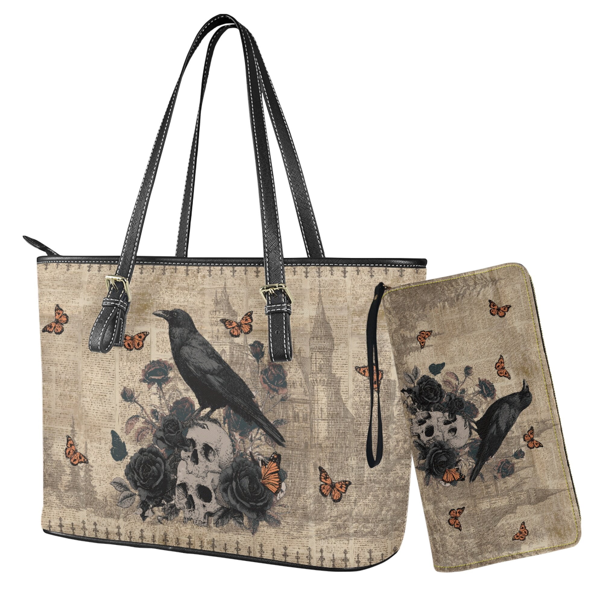 Kuiaobaty Skull Raven Print Satchel Purse for Travel, Butterfly Rose Print Tote Handbag Set with Adjustable Strap, Gothic Casual Leather Shoulder Bag Purse for Travel