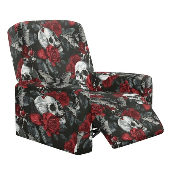Kuiaobaty Skull Rose Bat Print Recliner Chair Cover for Large Recliner Halloween Breathable Reclining Slipcover Reclining Sofa Slipcover Soft Lazy Boy Chair Cover with Pocket for Pets Kids