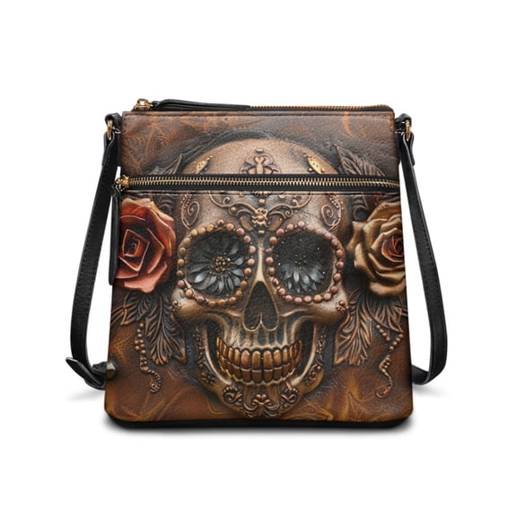 Kuiaobaty Skull Rose Print Crossbody Bag for Women Trendy, Casual Waterproof Vegan Leathr Crossbody Purse with Adjustable Strap, Lightweight Multi Pocket Shoulder Handbag for Travel