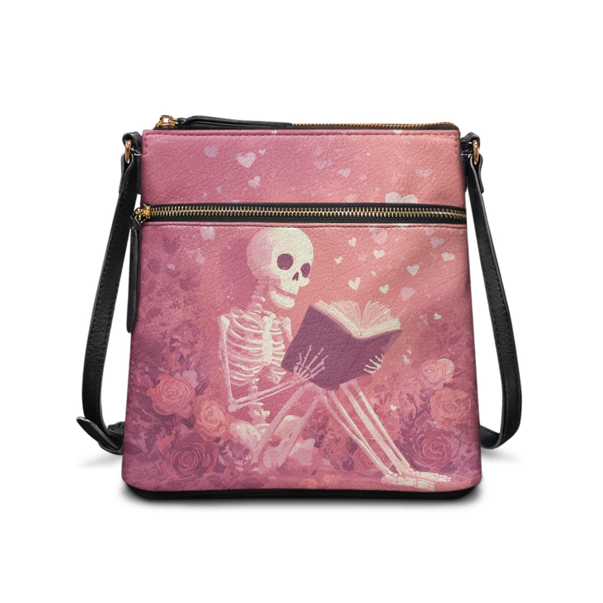 Kuiaobaty Skull Rose Print Crossbody Bag for Women, Valentines Day Leather Shoulder Purse Crossbody with Adjustable Strap, Lightweight Casual Messenger Bag for Travel, Pink