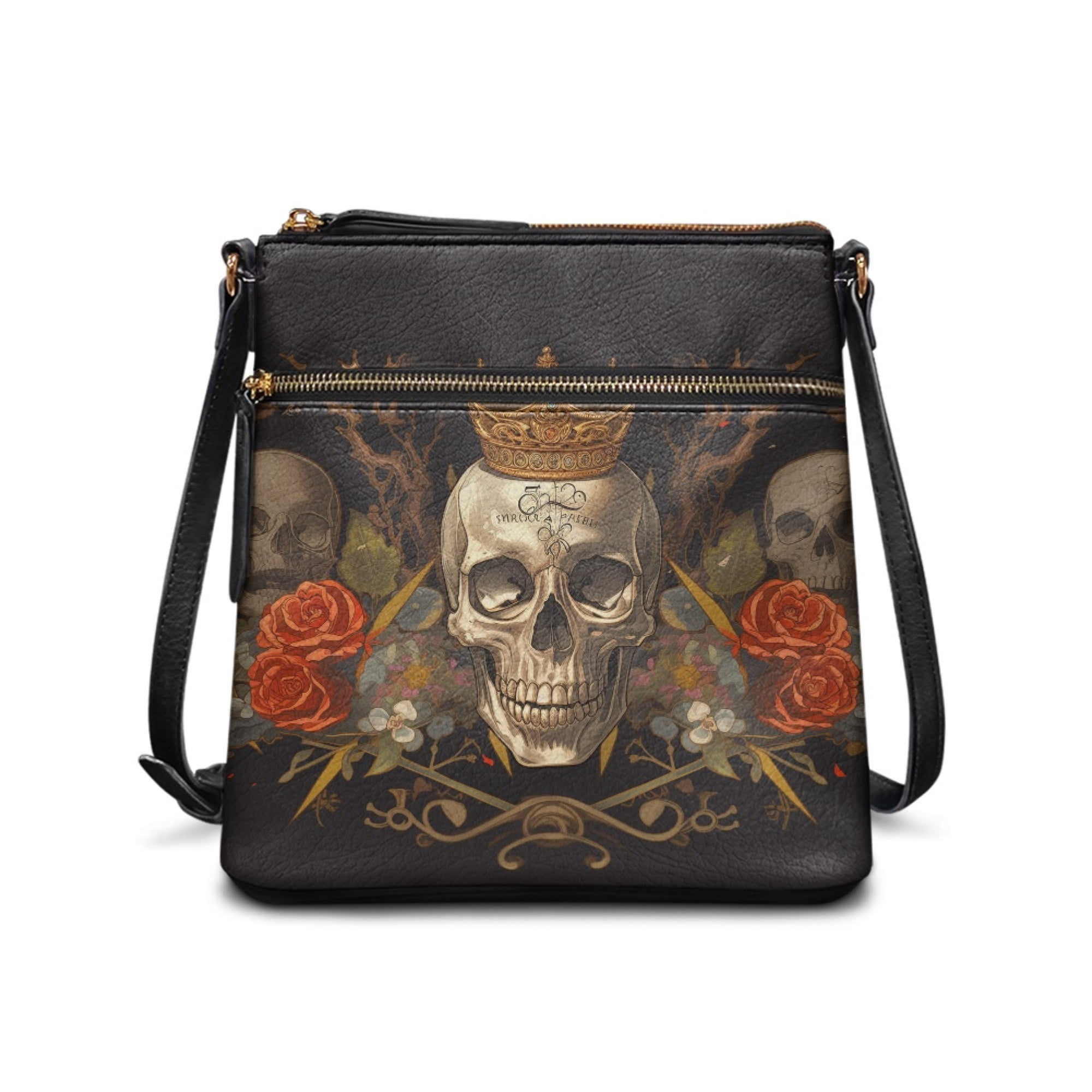 Kuiaobaty Skull Rose Print Crossbody Bag for Women, Vintage PU Leather Satchel Purse with Adjustable Strap, Large Capacity Shoulder Handbag Crossbody for Travel, Black