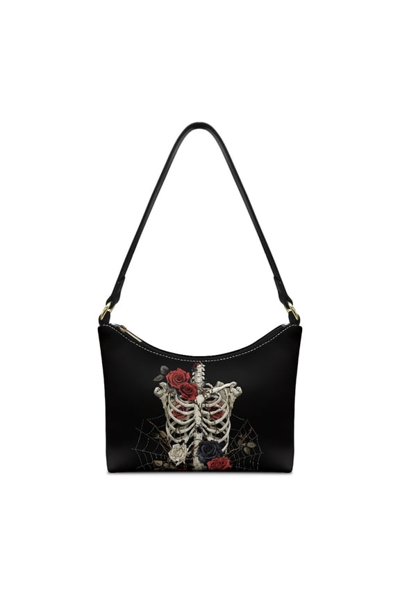 Skull Rose Print Shoulder Purse for Women, Gothic Spider Print Leather Underarm Sling Bag with Smooth Zipper, Durable Casual Hobo Purse for Travel & Shopping, Black