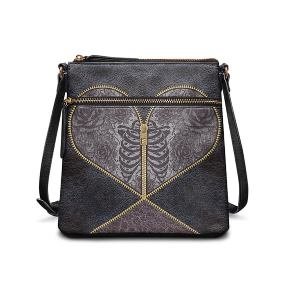 Kuiaobaty Skull Rose Zipper Print Crossbody Bag for Women, Gothic Vegan Leather Messenger Purse Crossbody with Adjustable Strap, Medium Size Hobo Handbag for Travel & Shopping