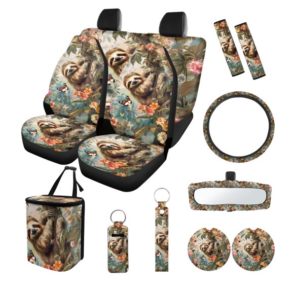 Kuiaobaty Sloth Butterfly Flower Print 13 Pieces Car Seat Cover Set with Steering Wheel Cover/Seat Belt Pads/Car Trash Bin/Cup Coasters/Keychains/Rearview Mirror Cover Universak for SUV Truck Sedan