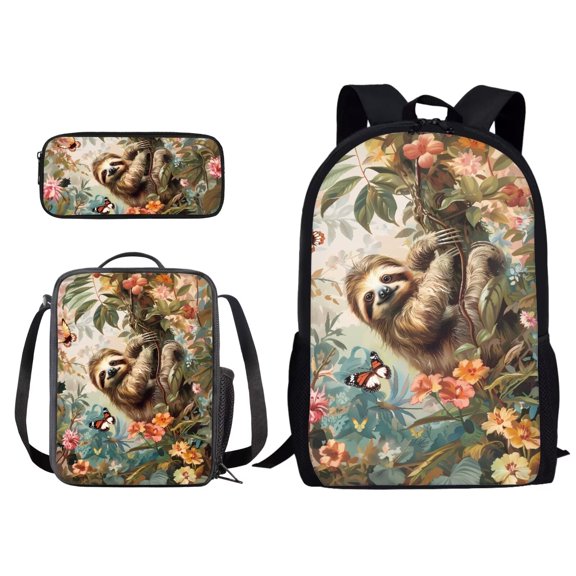 Kuiaobaty Sloth Butterfly Flower Print Backpack for Kids Bookbag with Lunch Box Pencil Case Set Casual Daypack Rucksack Satchel Laptop Bags 3 In 1 School Supplies for Boys Girls