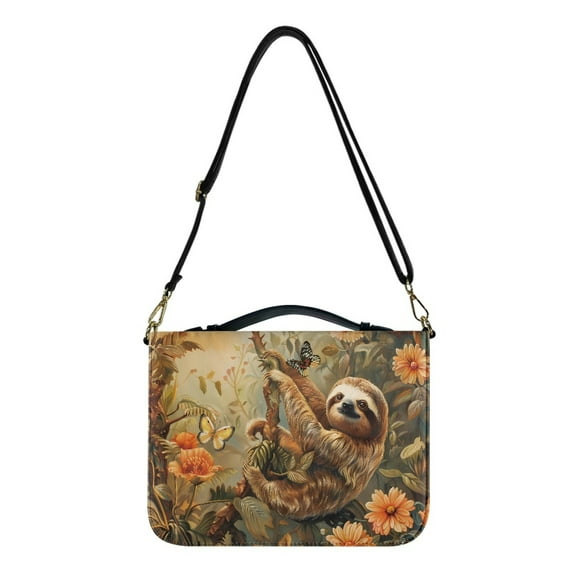 Kuiaobaty Sloth Butterfly Flower Print Bible Cover for Women Men PU Leather Book Carrying Case, Lightweight Church Bag Bible Protective Bible Tote Bag with Shoulder Strap for Notebook Tablet, M