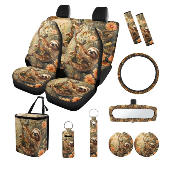 Kuiaobaty Sloth Butterfly Flower Print Car Accessories Set of 13 Front & Rear Seat Cover, Steering Wheel Cover, Seat Belt Pad, Car Trash Can, Rearview Mirror Cover, Cup Holder, Keychains for SUV Van