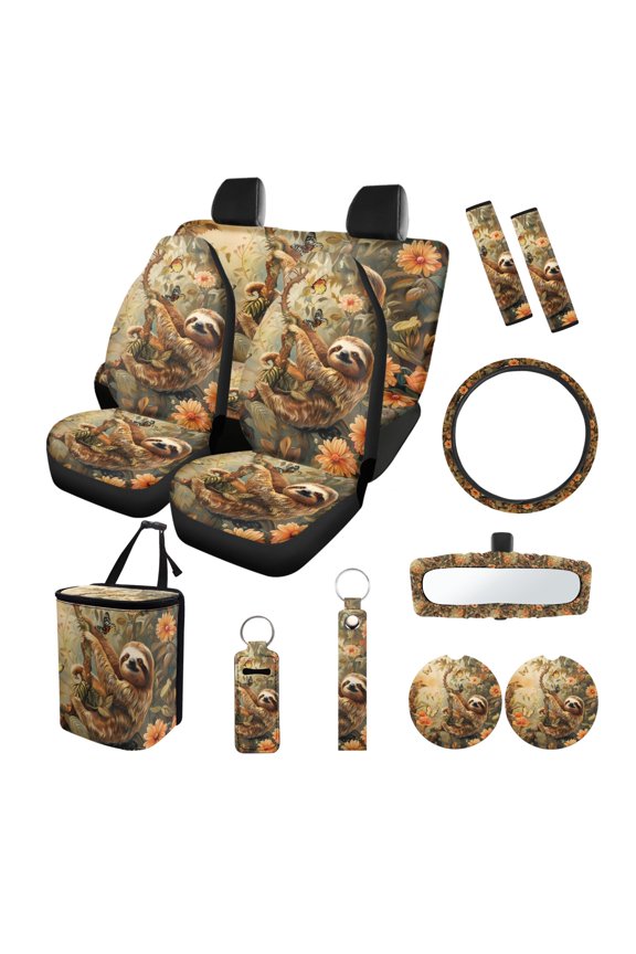 Sloth Butterfly Flower Print Car Accessories Set of 13 Front & Rear Seat Cover, Steering Wheel Cover, Seat Belt Pad, Car Trash Can, Rearview Mirror Cover, Cup Holder, Keychains for SUV Van