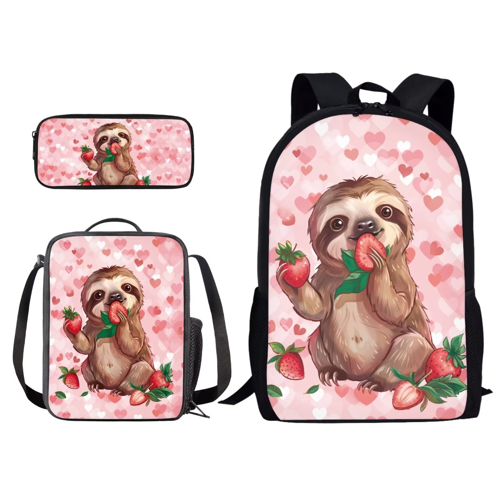 Kuiaobaty Sloth Strawberry Heart Pattern 3 Pack Backpack Set for Boys ...
