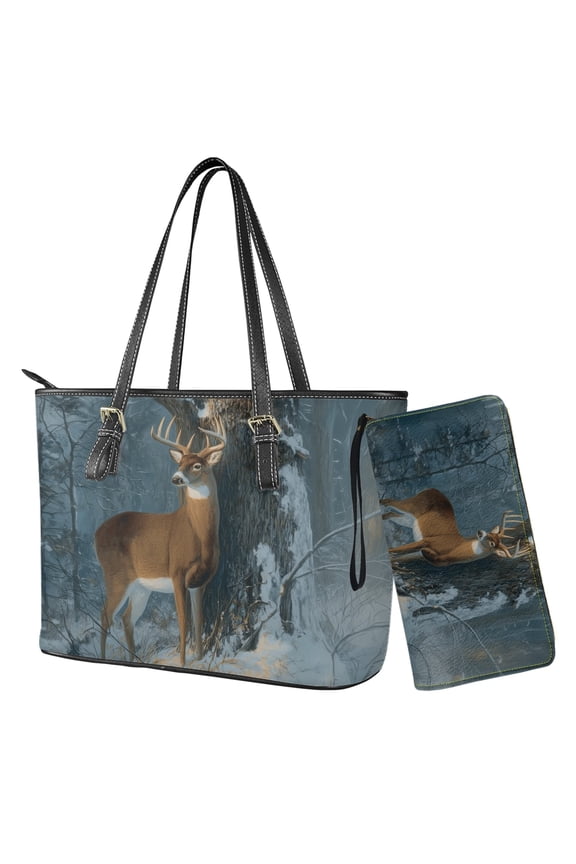 Snow Deer Print Satchel Purse for Women, Lightweight Leather Shoulder Handbag with Adjustable Strap, Roomy Casual Tote Bag Purse for Travel, Blue