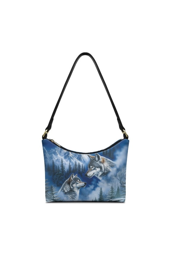 Snow Wolf Print Shoulder Bag for Women Trendy, Large Capacity Vegan Leather Underarm Bag with Zipper Closure, Retro Crescent Hobo Purse Tote for Travel, Blue