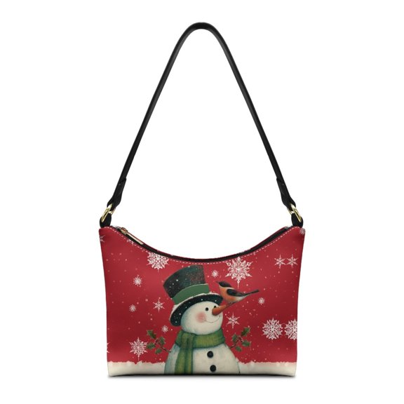 Kuiaobaty Snowman Print Leather Underarm Bag for Women, American Robin Print Hobo Purse Tote with Smooth Zipper, Christmas Mini Shoulder Handbag for Travel & Shopping, Red