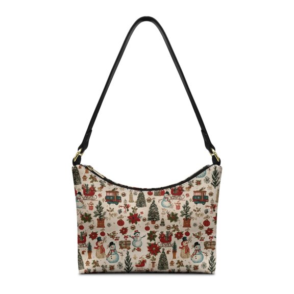 Kuiaobaty Snowman Print Shoulder Purse for Women Poinsettia Print Leather Hobo Purse Tote Bag with Zipper Closure Lightweight Christmas Underarm Sling Bag for Travel Beige