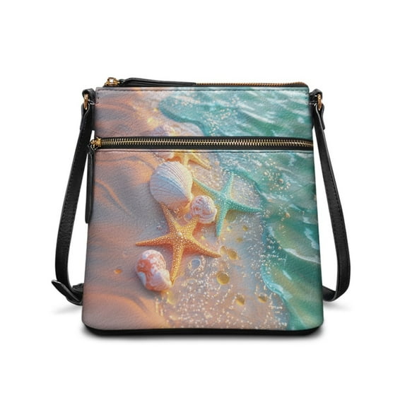 Kuiaobaty Starfish Sea Shell Print Crossbody Bag for Women, Medium Size Vegan Leather Messenger Handbag Crossbody, Durable Waterproof Hobo Purse with Adjustable Strap for Travel
