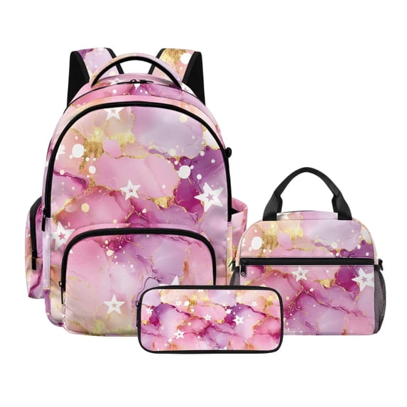 Kuiaobaty Stars Marble Print 3 Pcs Backpack and Lunch Box Set for Girls Boys Multi Pockets Lunch Bag and Bookbag with Bottle Holder Lightweight Backpack and Pencil Bags Set for School Picnic