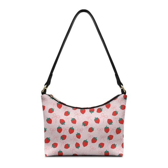 Kuiaobaty Strawberry Bow Print Hobo Purse for Women Cute Casual Leather Underarm Sling Bag with Zipper Closure Trendy Lightweight Shoulder Handbag for Shopping Pink