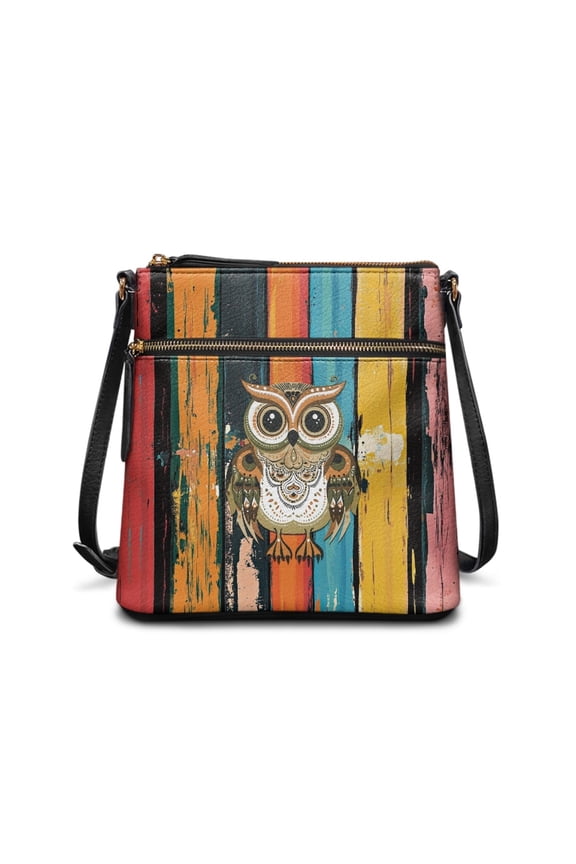 Striped Owl Print Crossbody Bag for Women, Trendy Ethnic Style Portable Leather Satchel Purse with Adjustable Strap, Lightweight Casual Shoulder Handbag Crossbody for Travel