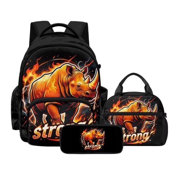 Kuiaobaty Strong Rhinoceros Print Backpack Set with Lunch Bag for Boys 17 Inch Backpack Lunch Box with Bottle Holder Large Capacity Bookbag with Pencil Case for School Travel Camping