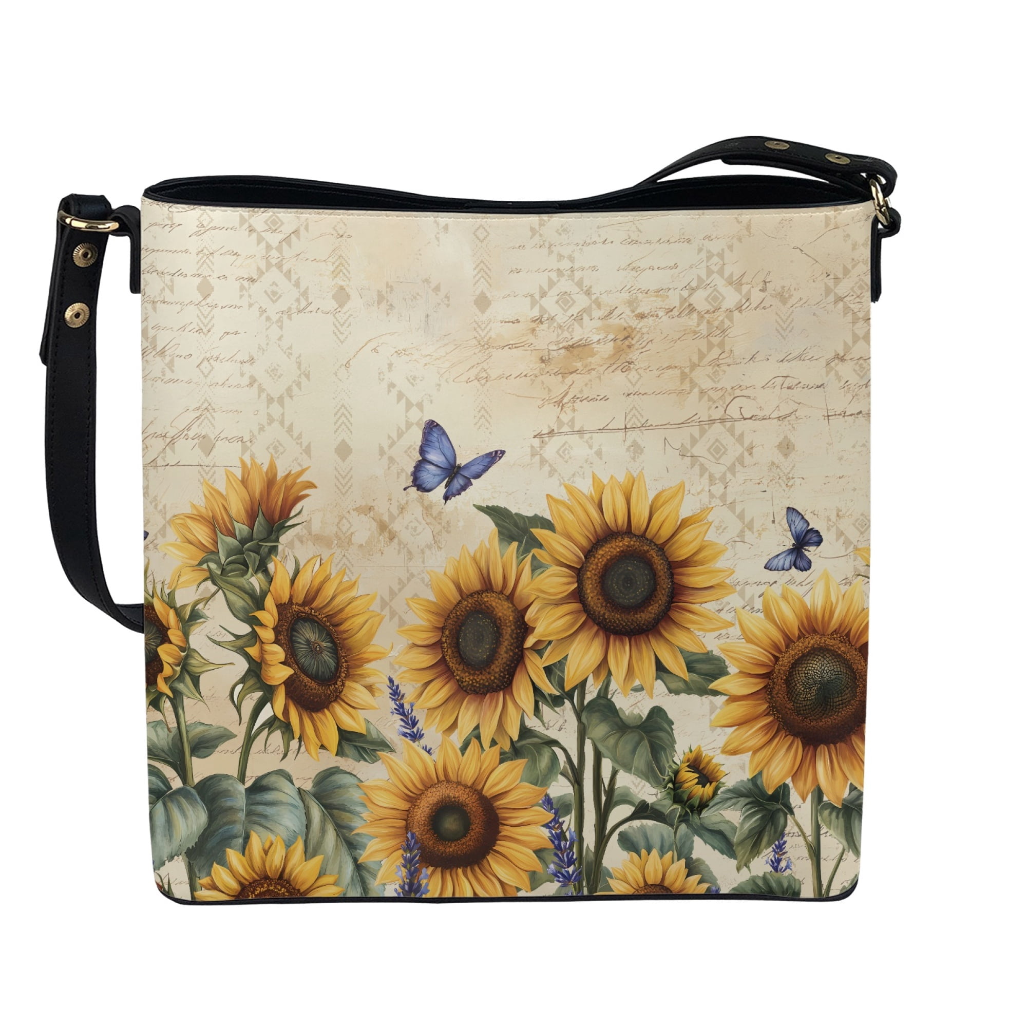 Kuiaobaty Sunflower Butterfly Print Bucket Crossbody Bag for Women, Large Capacity Vegan Leather Shoulder Purse with Adjustable Strap, Multi Pocket Hobo Satchel Purse Crossbody for Travel