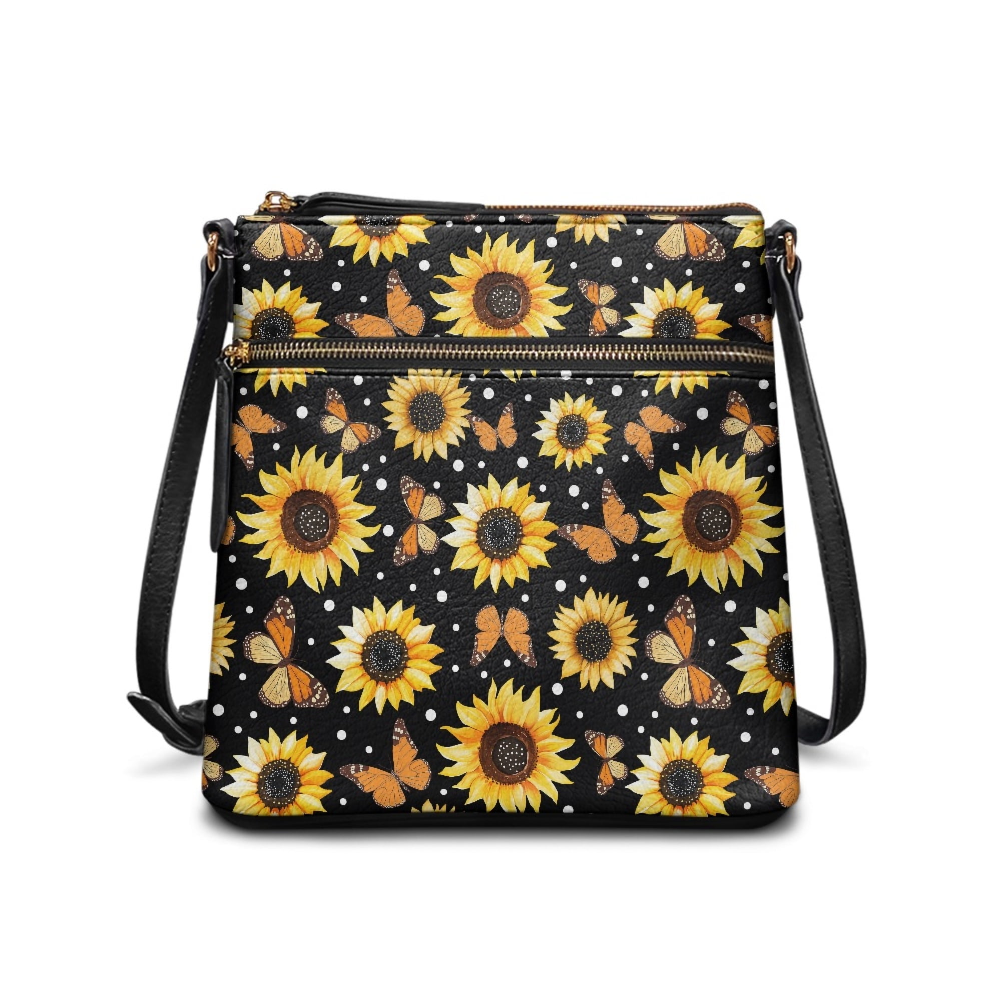 Kuiaobaty Sunflower Butterfly Print Crossbody Bag for Women, Medium Size Portable Leather Satchel Purse with Adjustable Strap, Sturdy Waterproof Messenger Handbag Crossbody for Travel