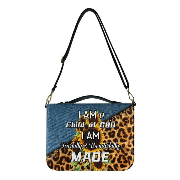 Kuiaobaty Sunflower Leopard Print Bible Cover with Handle, I am Fearfully & Wonderfully Large Bible Case Bible Bag Lightweight Bible Book Cover Carrying Case with Shoulder Strap for Women Men, L