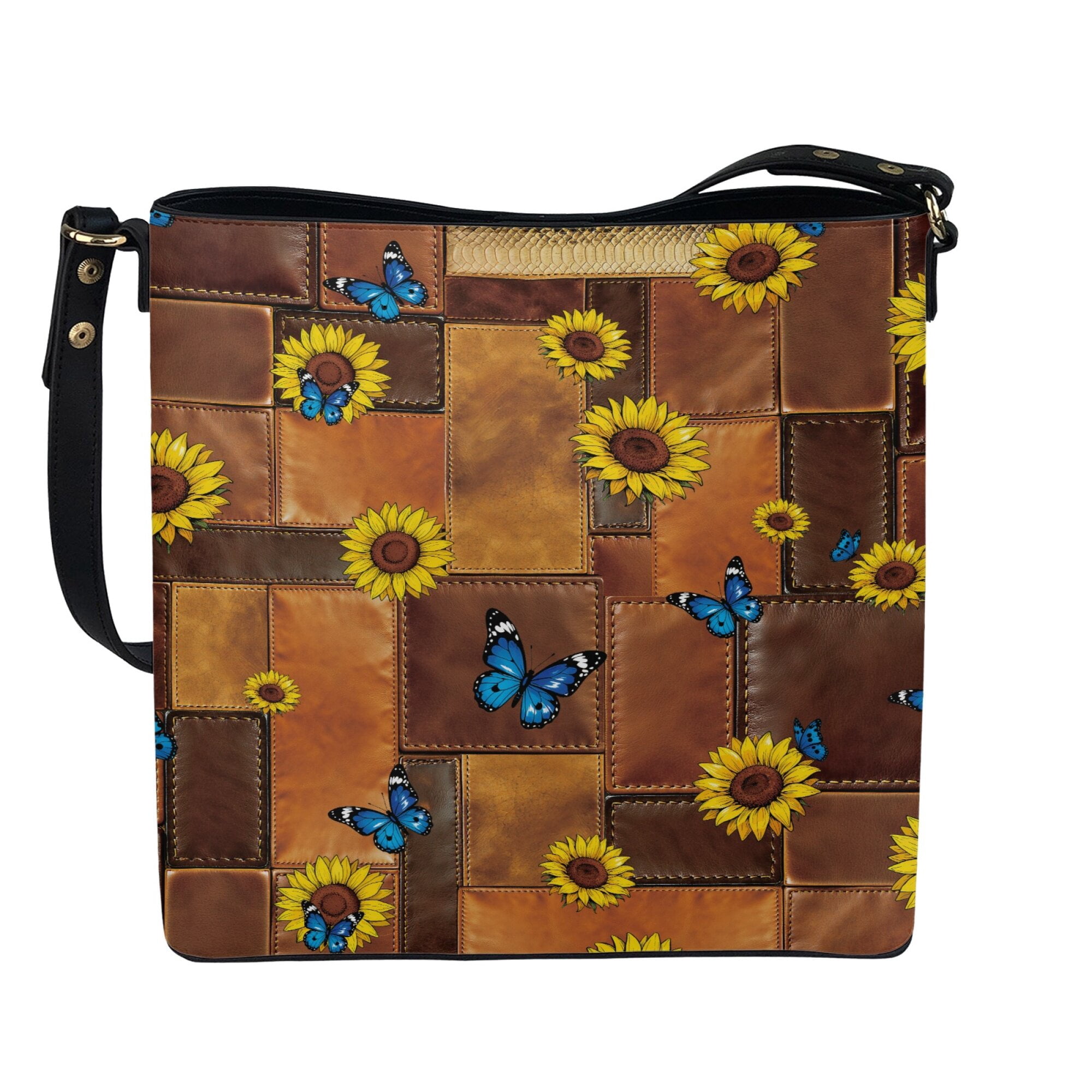 Kuiaobaty Sunflower Print Shoulder Crossbody Bag for Women, Butterfly Print Leather Hobo Satchel Purse with Adjustable Strap, Spacious Sturdy Bucket Tote Crossbody Bag for Travel, Brown