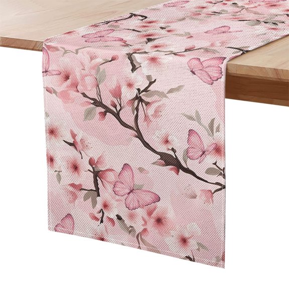 Kuiaobaty Table Runner Peach Blossom Butterfly Pattern Polyester Picnic Table Decorations Stretch Resistant Universal Fit Home Kitchen Dining Dinner Indoor, 13 x 48 Inch