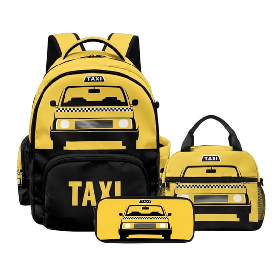 Kuiaobaty Taxi Pattern 3 Pcs Backpack Set with Pencil Case for Kids Boys 17 Inch Backpack and Lunch Bag Set with Bottle Holder Multi Pockets Bookbag with Pencil Bags for School Camping