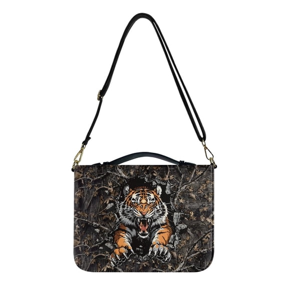 Kuiaobaty Tiger Camo Print Bible Cover with Handle, Zippered Bible Carrying Case for Women Men, PU Leather Bible Tote Bag for Kids, Bible Book Cover Bible Accessories Christian Gifts, M