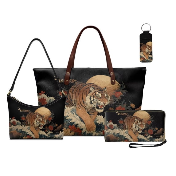 Kuiaobaty Tiger Floral Print Tote Bag Set with Wallet for Women Foldable Tote Purse Lip Pouch Leather Shoulder Bag Wristlet Wallet for Travel, Black
