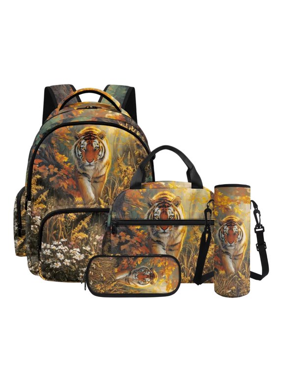 Tiger Flower Print Backpack Set with Pencil Case for Boys 8-12 Multi Pockets Backpack and Lunch Bag with Bottle Holder Roomy Large Bookbag with Lunch Box for School