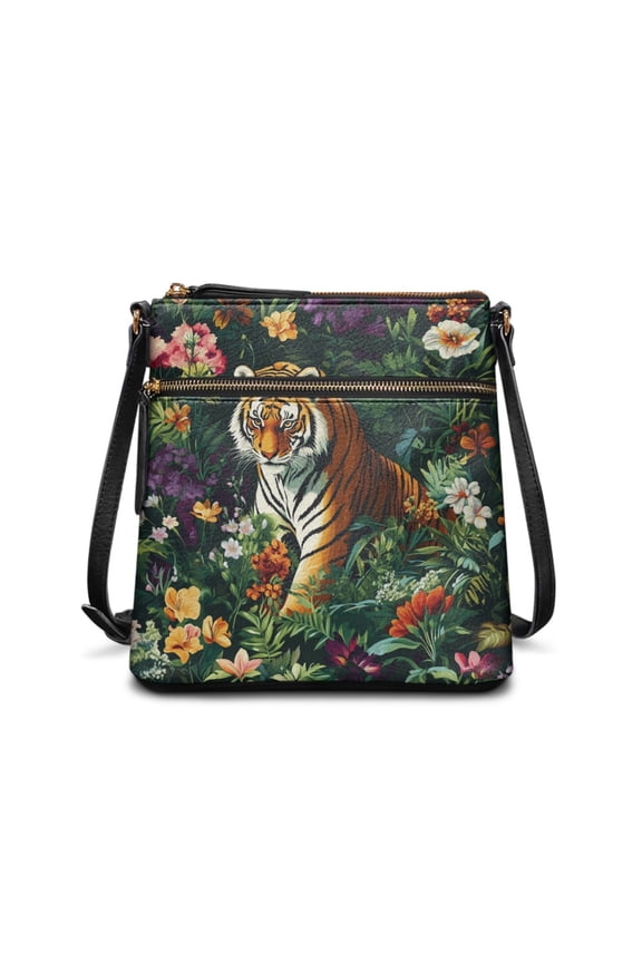 Tiger Flower Print Vegan Leather Crossbody Bag for Women, Lightweight Roomy Messenger Handbag Crossbody, Zipped Pockets Hobo Purse with Adjustable Strap for Travel