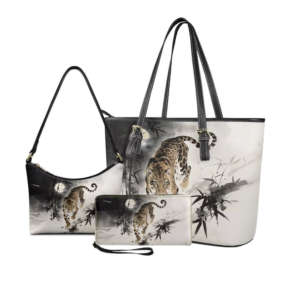 Kuiaobaty Tiger Moon Bamboo Print Handbag and Purse Set with Matching Wallet for Women Leather Wristlet Wallet Crescent Purse with Zipper Top Handle Handbag Underarm Bag for Travel, Beige