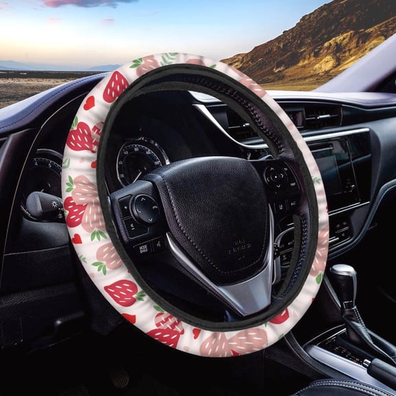 Kuiaobaty Valentine's Day Strawberry Love Pattern Steering Wheel Cover Wear-Resistant Car Wheel Protector Auto Wheel Cover Automotive Accessories Universal Fit Van Car SUV Truck