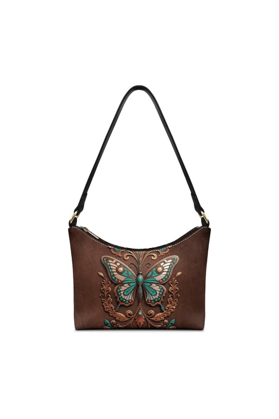Vintage Butterfly Print Shoulder Purse for Women Lightweight Vegan Leather Hobo Purse Tote Bag with Zipper Closure Casual Crescent Underarm Sling Bag for Travel