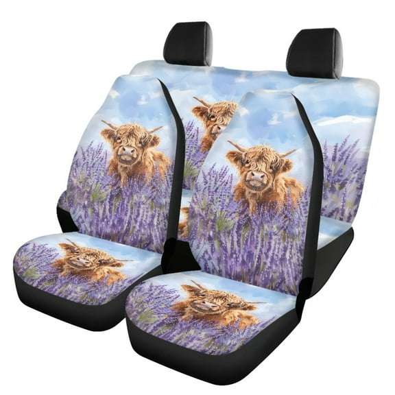 Kuiaobaty Washable Front and Rear Seat Covers Lavender Highland Cattle Cow Pattern Pack of 4 Car Seat Protector High Back Bucket Seat Covers Automotive Accessories for Car SUV Van Truck