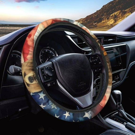 Kuiaobaty Watercolor Bear American Flag Pattern Steering Wheel Cover Comfortable Auto Steering Wheel Protector with a Diameter of 15" Car Interior Accessories for Car SUV Van Truck