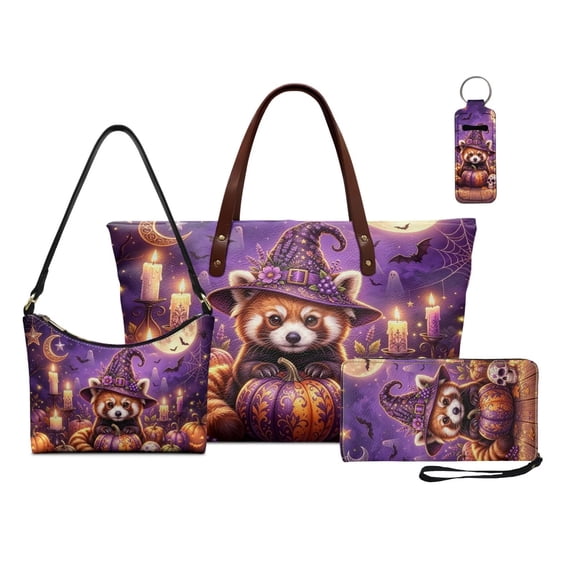 Kuiaobaty Witch Red Panda Print Top Handle Handbag Set for Women Pumpkin Print Tote Bag with Lipstick Pouch Zippered Shoulder Purse Wristlet Wallet for Halloween, Purple