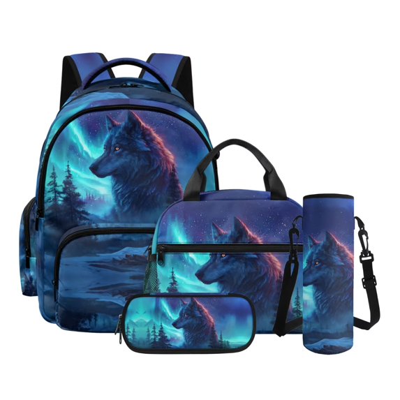 Kuiaobaty Wolf Galaxy Print Backpack and Lunch Bag Set for Teens Large Capacity Backpack Pencil and Bottle Sleeve with Strap Roomy Casual School Bag with Lunch Box for School