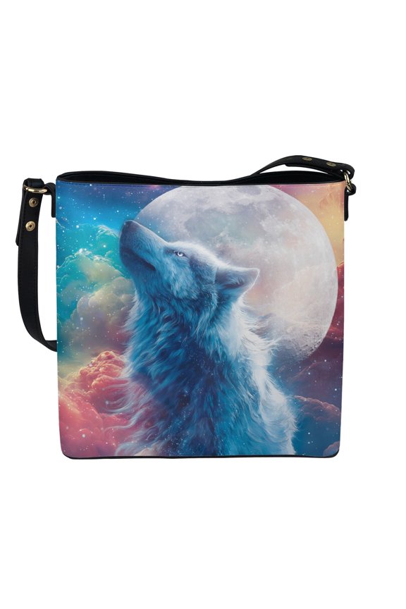 Wolf Print Bucket Crossbody Bag for Women, Galaxy Moon Print Vegan Leather Bucket Tote Bag Handbag Crossbody, Waterproof Hobo Satchel Purse with Adjustable Strap for Travel