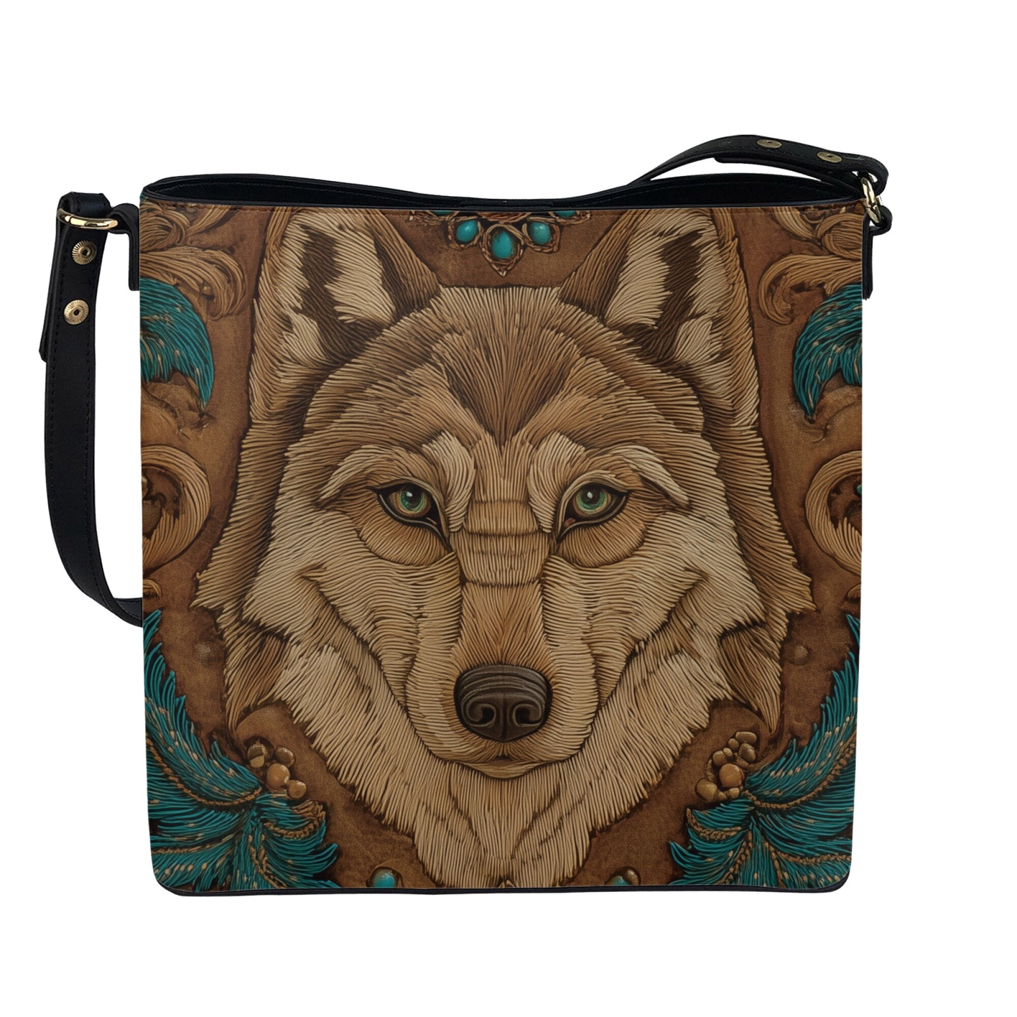 Kuiaobaty Wolf Print Bucket Crossbody Bag for Women Lady, Waterproof Vegan Leather Bucket Tote Bag Handbag Crossbody, Lightweight Shoulder Purse with Adjustable Strap for Travel, Brown