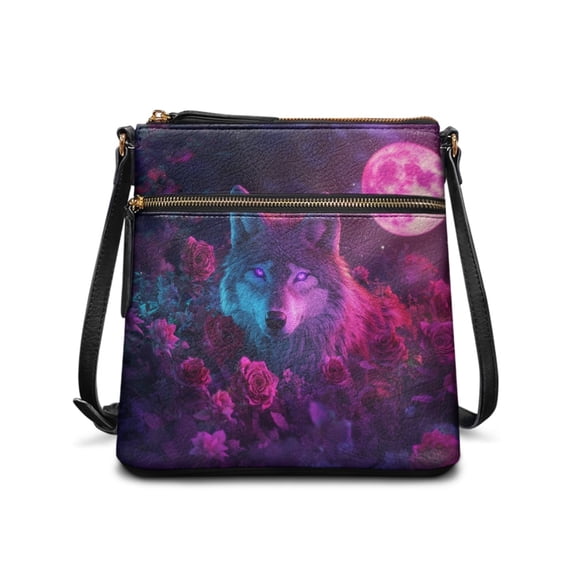 Kuiaobaty Wolf Rose Moon Print Crossbody bag for Women, Waterproof Vegan Leather Hobo Purse with Adjustable Strap, Medium Size Shoulder Handbag Crossbody for Travel & Hiking